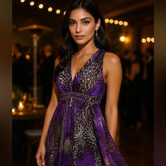 Ignite Evenings 6P Purple Animal Print Beaded Maxi Gown Formal Prom Dress - Picture 1 of 9